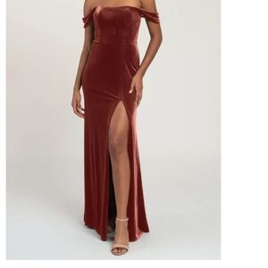 Jenny Yoo Off-Shoulder Velvet Gown in Rust